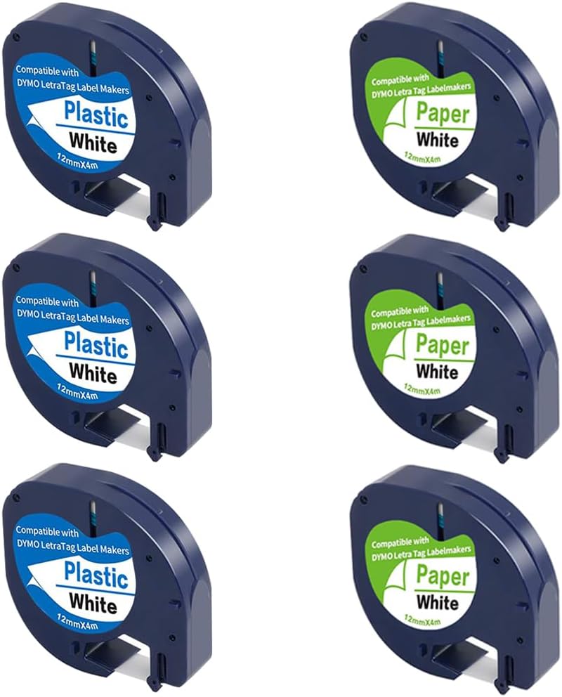 FlyLong 91331 91330 Refills Compatible for Dymo Paper Plastic Label Tapes for Dymo LetraTag LT100H LT100T 200B LT110T Label Makers, Black on White, 12mm x 4m (1/2" x 13') - Image 1
